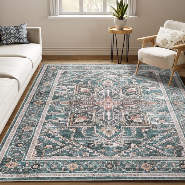 Area Rugs 8x10 Machine Washable, Boho Rug for Living Room Bedroom, Ultra-Soft Non-Slip Stain Resistant Vintage Rugs for for Kitchen Dining Room Office Home Decor, Dull Teal