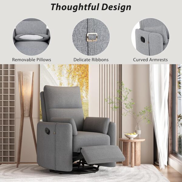 Rocking and Swiveling Recliner Chair with Detachable Pillows and Extended Footrest,Curved Ergonomic Armrests Linen Fabric and Iron Frame,Dark Gray - Image 6