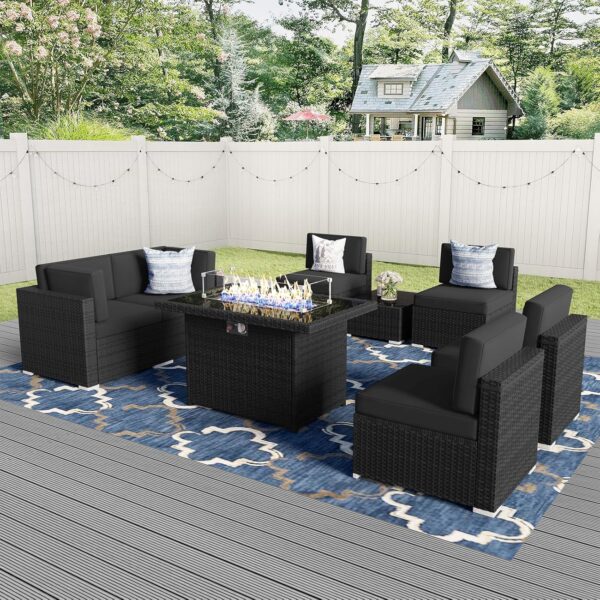 8 Pieces Patio Furniture Set with 44" Propane Gas Fire Pit Table, Outdoor Sectional Wicker Conversation Sofa Sets with Coffee Table - Image 4