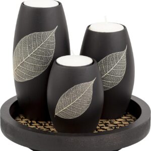 IYARA CRAFT Tealight Candle Holders with Candle Tray Set of 3 Decorative Candle Holders Matte Wood Finish with Dry Leaf Decoration