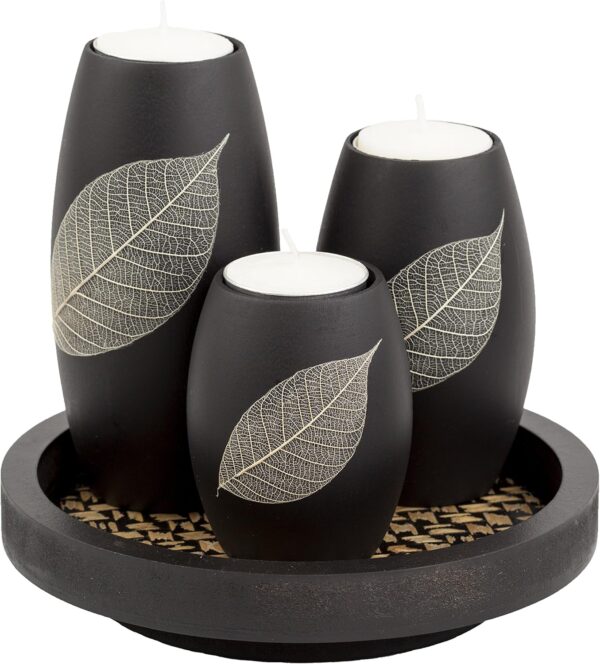 IYARA CRAFT Tealight Candle Holders with Candle Tray Set of 3 Decorative Candle Holders Matte Wood Finish with Dry Leaf Decoration