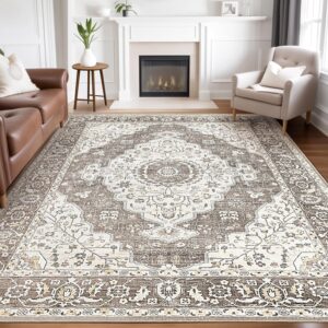 Vintage Washable Area Rugs for Living Room 9x12: Large Soft Low Pile Rug for Bedroom Dining Room Rugs for Under Table - Indoor Foldable Accent Print Distressed Carpet - Brown