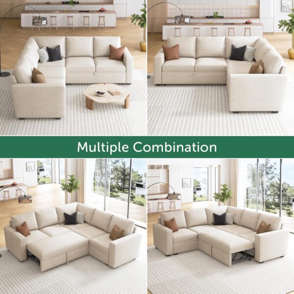 HONBAY Modular Sectional Sleeper Sofa with Pull Out Bed, L Shaped Sectional Couch with Storage Seat, Convertible Sectional Couches for Living Room, Beige - Image 5