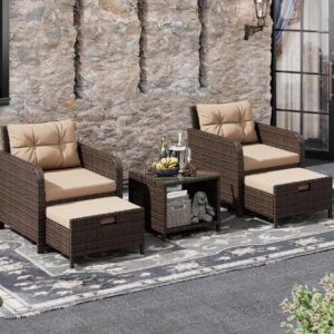 Balcony Furniture 5 Piece Patio Conversation Set, PE Wicker Rattan Outdoor Lounge Chairs with Soft Cushions 2 Ottoman&Glass Table for Porch, Lawn-Brown Wicker (Brown)