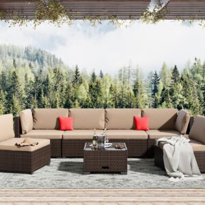 7 Piece Patio Furniture Set, Outdoor Furniture Patio Sectional Sofa, All Weather PE Rattan Outdoor Sectional with Beige Cushion and Glass Table, Clips.