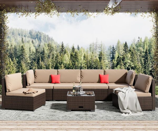 7 Piece Patio Furniture Set, Outdoor Furniture Patio Sectional Sofa, All Weather PE Rattan Outdoor Sectional with Beige Cushion and Glass Table, Clips.