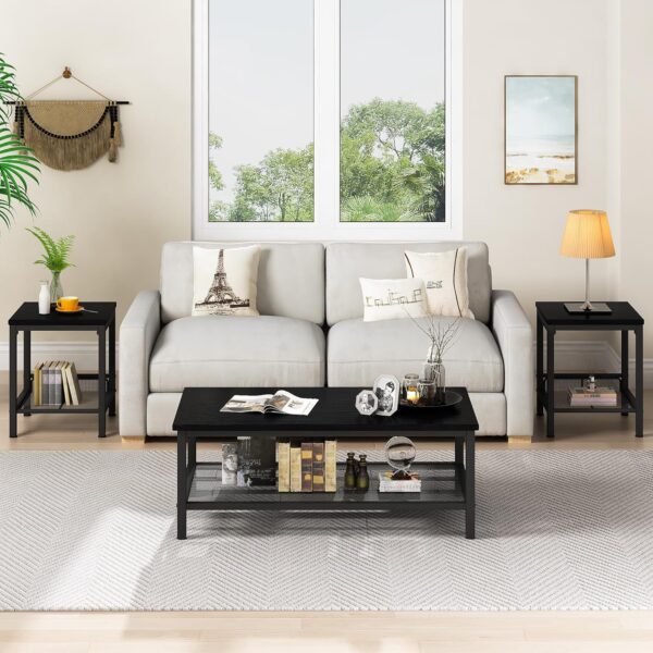 Lamerge 3 Pieces Living Room Table Set, Industrial Coffee Table with 2 Square End Side Tables, Coffee Table Set with Metal Frame for Apartment Home Office, Black - Image 2