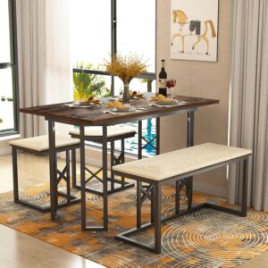VECELO 43.3" 4 Farmhouse Room Sets with 3 Benches Wicker Mats,Adjustable Feets Metal Wooden,Space-Saving Breakfaset Coffee Table for Kitchen Dining,Rustic Brown, 43.3in