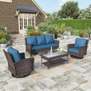 HERA'S HOUSE 4 Pieces Patio Furniture Set, High Back Swivel Chair with 5.5" Thick Cushions, 3-Seat Sofa with Coffee Table, Oversized Outdoor Wicker Conversation Set for Garden Backyard, Blue