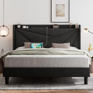 Feonase Queen Bed Frame with Type-C & USB Ports, Upholstered Platform Bed Frame with Wingback Storage Headboard, Solid Wood Slats Support, No Box Spring Needed, Noise-Free, Charcoal Gray