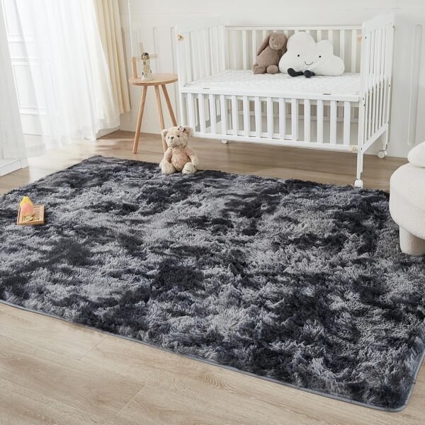 Andency 4x6 Shag Area Rug for Living Room, Tie-Dyed Dark Grey Soft Fuzzy Plush Indoor Carpets for Bedroom, Non Skid Fluffy Faux Fur Rug for Nursery Kids Boys Girls Room - Image 4
