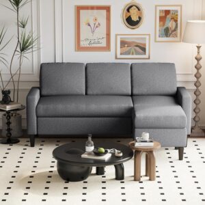 Shintenchi 74" Convertible Sectional Sofa Couch, Small 3-Seat L-Shaped Sofa with Modern Linen Fabric Upholstered, Space-Saving Sofa with Reversible Chaise for Living Room Apartment(Dark Gray)
