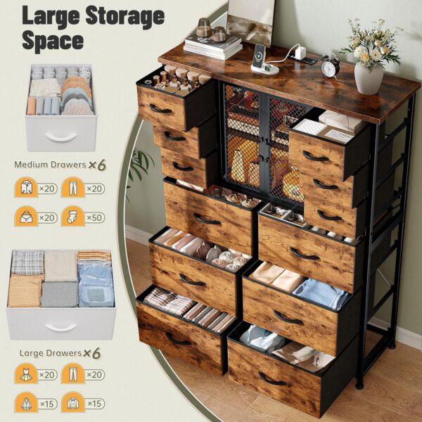 EnHomee Tall Dresser for Bedroom with Mesh Door 12 Drawer Dressers & Chests of Drawers for Closet with Power Outlets & LED Lights Large Dresser Organizer for Bedroom, Living Room,Rustic Brown - Image 3