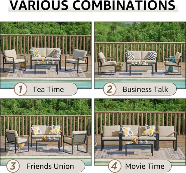 NATURAL EXPRESSIONS 4 Pieces Patio Furniture Sets,Metal Outdoor Patio Furniture Sets,Outdoor Sectional Furniture Patio Conversation Set,Wooden Anti-Scald Armrest,Sling Mesh,4" Olefin Cushions - Image 5