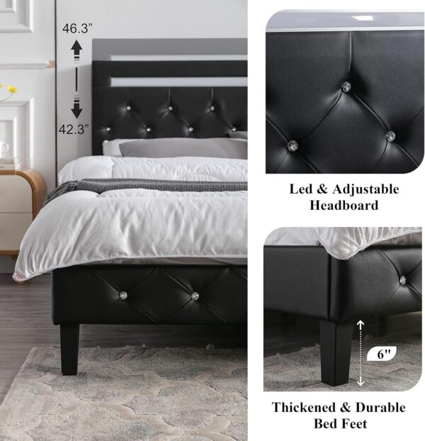 Full Size Bed Frame with LED Lights, Upholstered Platform Bed Frame with Adjustable Headboard and Charging Station, Wooden Slats Support, Easy Assembly, No Box Spring Needed, Black - Image 6