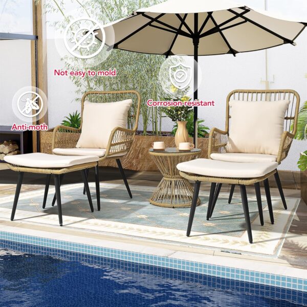 Pamapic Outdoor Patio Bistro Set with Ottoman 5 Piece Rattan Wicker Conversation Chair Sets Balcony Furniture Chairs for Yard Garden Porch Backyard Poolside, Beige - Image 3