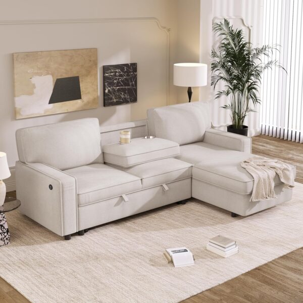 LUMISOL 89" Convertible Sectional Sofa Couch with Pull Out Bed, Sleeper Sofa Bed with Storage Chaise, 2 USB Ports and 2 Cup Holders for Living Room, Small Apartment, Beige