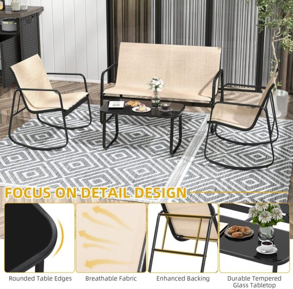 DWVO 4 Piece Patio Furniture Set, Outdoor Conversation Sets for Patio, Lawn, Garden, Poolside with Rocking Chair Set of 2 and Glass Coffee Table - Brown - Image 6