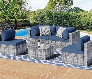 Shintenchi 5 Pieces Outdoor Patio Sectional Sofa Couch, Silver Gray PE Wicker Furniture Conversation Sets with Washable Cushions & Glass Coffee Table for Garden, Poolside, Backyard (Aegean Blue)