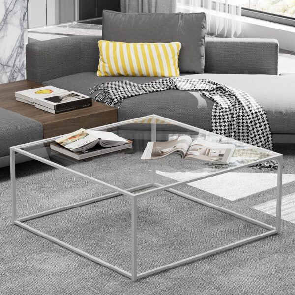 ​​​​​​​​​​​​Glass Coffee Table Square Coffee Table for Small Space,Modern Minimalist Center Table for Living Room Home Office,Tempered Glass-top with Sturdy Metal Frame,Easy Assembly,27 x 27In, White - Image 3