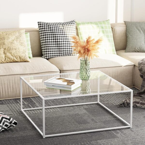 ​​​​​​​​​​​​Glass Coffee Table Square Coffee Table for Small Space,Modern Minimalist Center Table for Living Room Home Office,Tempered Glass-top with Sturdy Metal Frame,Easy Assembly,27 x 27In, White - Image 6