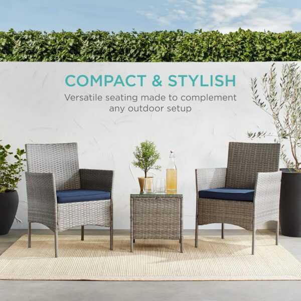 Best Choice Products 3-Piece Outdoor Wicker Conversation Bistro Set, Space Saving Patio Furniture for Garden w/Side Table - Gray/Navy - Image 6