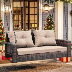 YITAHOME Wicker Hanging Porch Swing Chair Outdoor Brown Rattan Patio Swing Lounge w/ 2 Back Cushions Capacity 530lbs for Garden, Balcony, Living Room, Beige