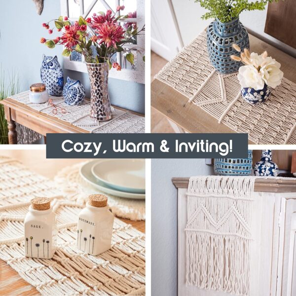 SnugLife Macrame Table Runner (112" x 13") Long | Boho Table Runner | Wedding Table Decor | Vintage Farmhouse and Bohemian Dining Room Style | Off White - Image 5