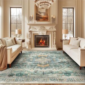 BESTSWEETIE Area Rug 8x10 Rugs for Living Room 8 x 10 Washable Rugs Non Slip Vintage Boho Living Room Rugs for Bedroom Dining Room, Distressed Pattern Carpet, Green