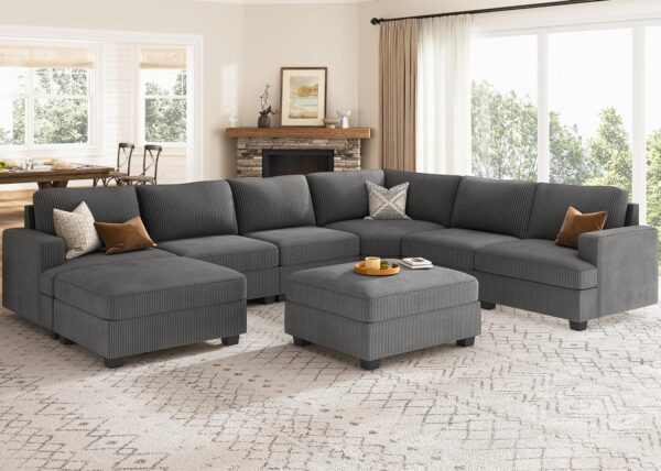 Nolany Sectional Couch with Storage Ottoman, Corduroy Modular Corner Sectional Sofa, U Shape Sectional Couches for Living Room, Dark Grey