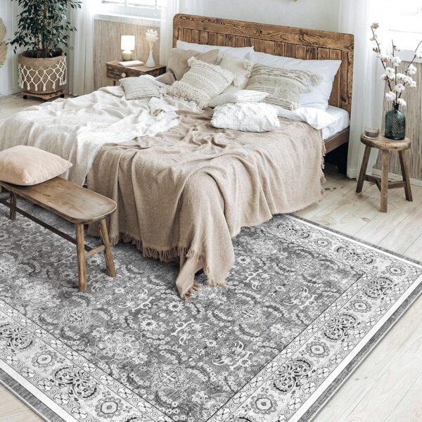 8x10 Area Rugs for Living Room: Vintage Boho Floral Print Rug, Ultra Thin Stain Resistant Washable Rug, Large Soft Non Slip Foldable Carpets for Bedroom Dining Room Office Nursery - Grey - Image 5