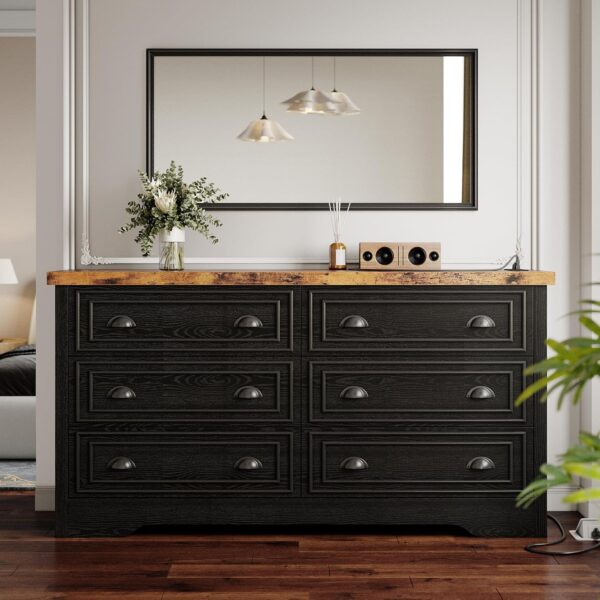 LIKIMIO 59" 6 Drawers Dresser for Bedroom, Power Strip, Farmhouse Large Wood Dressers & Chest of Drawers with Wide Storage Cabinet, Black