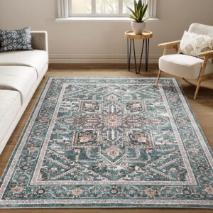 Boho Area Rugs Machine Washable for Living Room Bedroom, Large 5x7 Vintage Non-Slip Stain Resistant Floor Carpet Indoor for Kitchen Dining Room Office Home Decor, Dull Teal