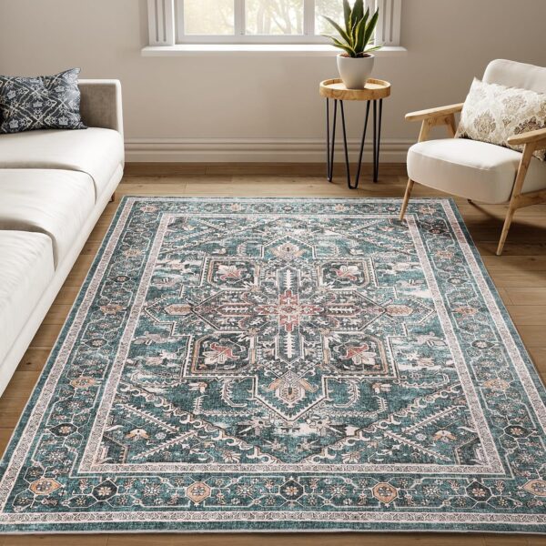 Boho Area Rugs Machine Washable for Living Room Bedroom, Large 5x7 Vintage Non-Slip Stain Resistant Floor Carpet Indoor for Kitchen Dining Room Office Home Decor, Dull Teal