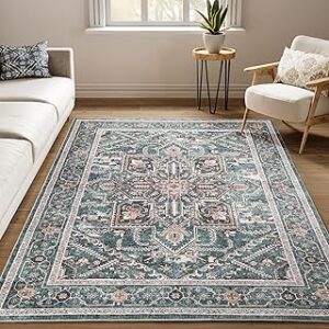 Boho Area Rugs Machine Washable for Living Room Bedroom, Large 5x7 Vintage Non-Slip Stain Resistant Floor Carpet Indoor for Kitchen Dining Room Office Home Decor, Dull Teal