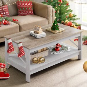 YITAHOME Coffee Table for Living Room,Modern Farmhouse Coffee Table with Storage,2-Tier Center Table for Living Room Wood Living Room Table Accent Cocktail with Sturdy Frame,Grey Wash