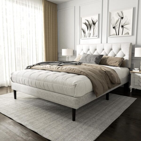Queen Size Platform Bed Frame with Upholstered Button Tufted Headboard, Mattress Foundation with Wooden Slat Support, Noise Free, No Box Spring Needed, Easy Assembly, Light Grey - Image 3