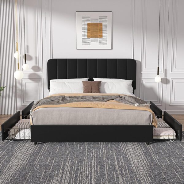 VECELO Queen Size Upholstered Bed Frame with 4 Drawers and Adjustable Headboard, Velvet Platform Storage Bedframe Mattress Foundation, Wooden Slats Support, No Box Spring Needed, Black - Image 3