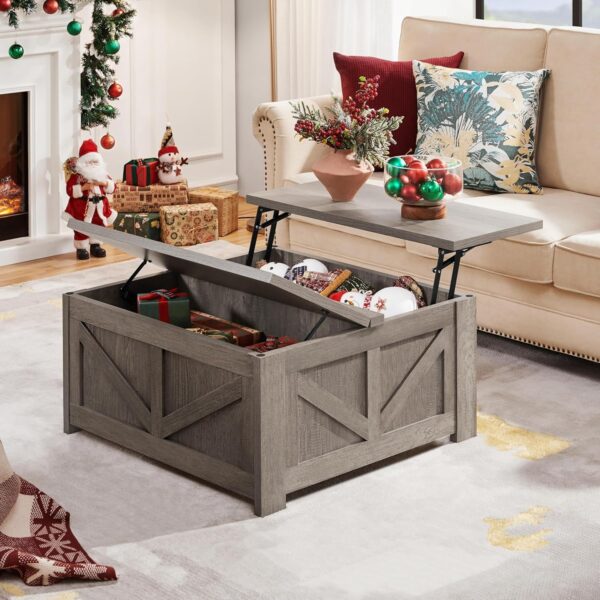 Yaheetech Lift Top Coffee Table, Square Farmhouse Coffee Table with Hidden Storage Compartment, Wood Center Table for Living Room, Home Office, Gray - Image 2
