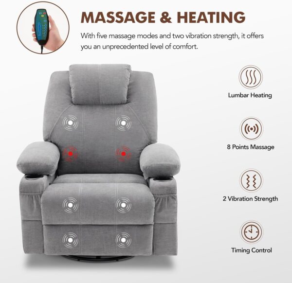 Oversized Swivel Rocker Recliner Chair with Heat and Massage, 360 Degree Swivel Rocking Single Sofa with Cup Holders and USB Port, Big Large Recliner Chair for Living Room (Fabric, Grey) - Image 5