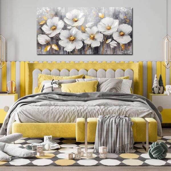 CIRABKY Flower Wall Art for Bedroom - White Wall Decor - Gold Wall Art for Living Room Office Artwork Canvas Pictures Size 20" x 40" - Image 7