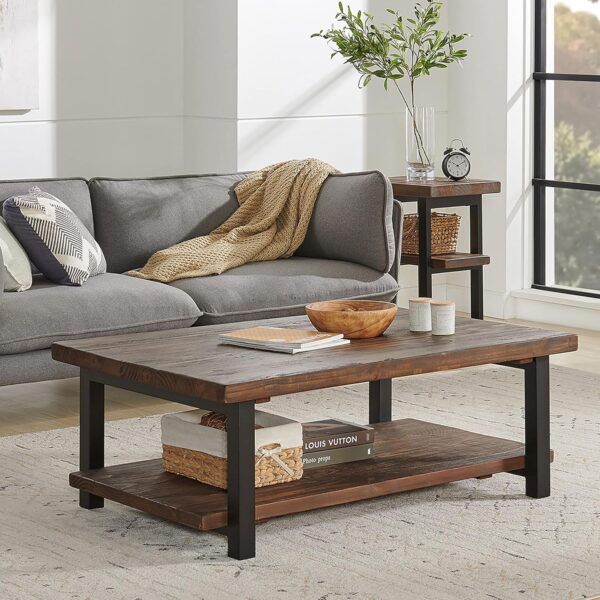 Pomona Rustic Natural 48 in. Wide Coffee Table with Shelf, 400 lbs. Weight Capacity and Metal Legs for Living Room Rustic Industrial Style Storage - Wood Top & Solid Wood Finish - Image 2