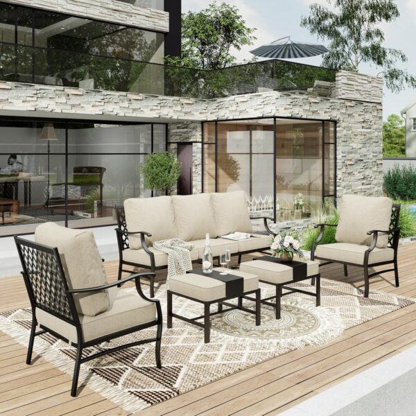 HERA'S HOUSE 5 Piece Patio Furniture Set, 2 x Cushioned Metal Chair, 2 x Ottoman, 1 x 3-Seat Sofa, All Cushioned 7 Seats Outdoor Conversation Set for Lawn Garden Backyard