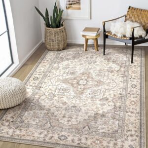 Washable Area Rugs for Living Room - 5x7 Neutral Vintage Distressed Floral Farmhouse Boho Large Soft Floor Rug Indoor Non Slip Carpet for Living Room Bedroom Dining Room Office -Brown/Multi