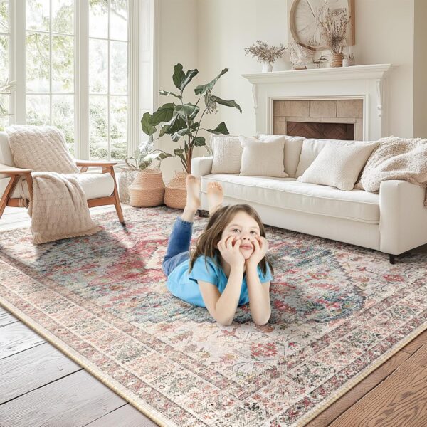BESTSWEETIE Area Rug 5x7 Rugs for Living Room 5 x 7 Washable Rugs Non Slip Vintage Boho Living Room Rugs for Bedroom Dining Room, Distressed Pattern Carpet, Pink - Image 4