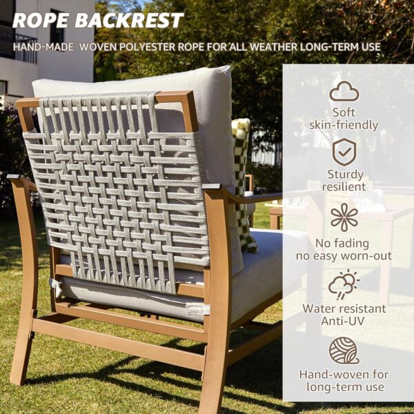 NATURAL EXPRESSIONS 4 Pieces Patio Furniture Sets,Modern Metal Outdoor Conversation Sets with High Back All Weather Hand-Woven Rope Rocking Chairs, Loveseat, Metal Table, 6" Thick Olefin Cushions - Image 3