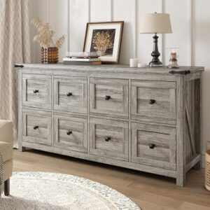 EnHomee Dresser for Bedroom, 59.1" W Wood Farmhouse 8 Drawers Dresser for 70" TV Stand, Long Dresser & Chest of Drawers for Closet, Living Room, Hallway,Entryway,Dorm,Grey Pine