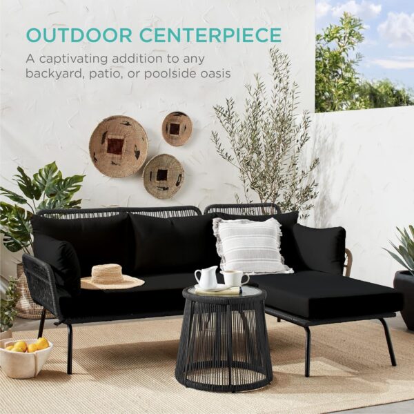 Best Choice Products Outdoor Rope Woven Sectional Patio Furniture L-Shaped Conversation Sofa Set for Backyard, Porch w/Thick Cushions, Detachable Lounger, Side Table - Natural/Black - Image 6