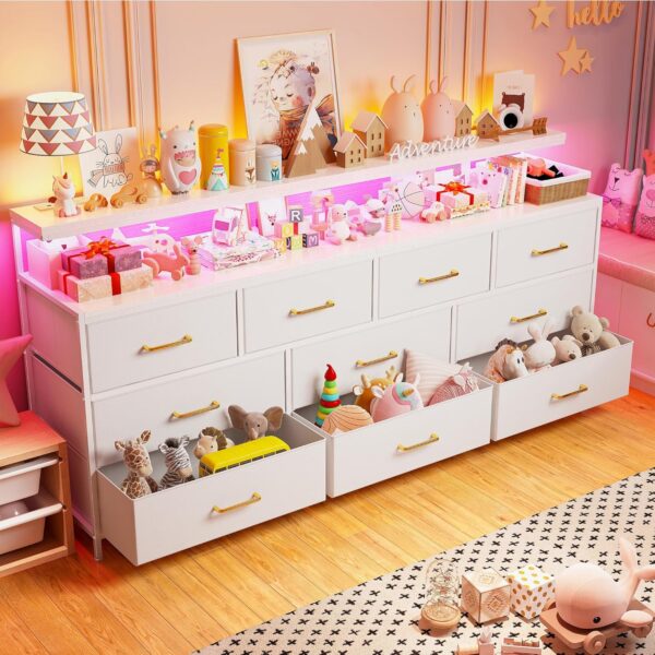EnHomee 55" W White Dresser for Bedroom with 10 Drawers Long Dressers & Chests of Drawers with LED Lights & Power Outlets Large Dresser for Bedroom Dresser for Closet, Hallway, Metal Frame, White - Image 2
