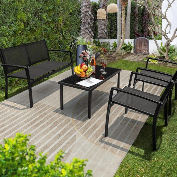 Flamaker 4 Pieces Outdoor Patio Furniture Textilene Modern Conversation Black Bistro Set with Loveseat Tea Table for Home, Lawn and Balcony - Image 2